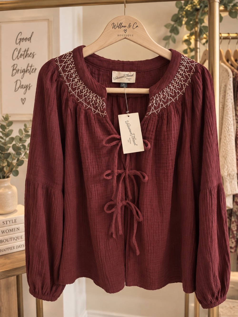 Universal Thread Women's Burgundy Peasant Blouse with Embroidered Yoke